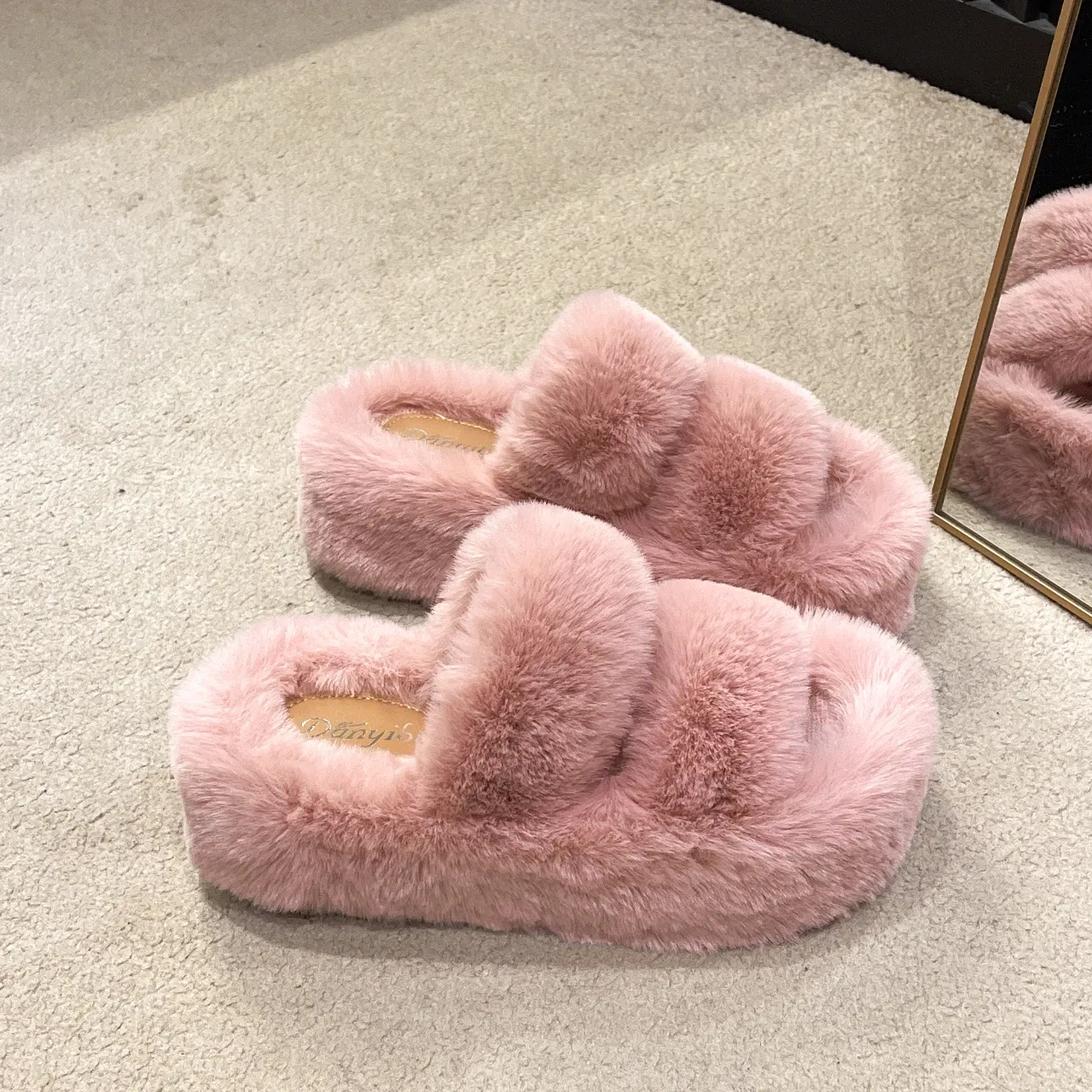 Color: Pink, Shoe Size: 41 - New Winter Open Toe Slipper Fur Thick Sole Flats Heel Ladies Casual Slip On Bedroom Shoes Soft Outdoor Fashion Fur Slippers