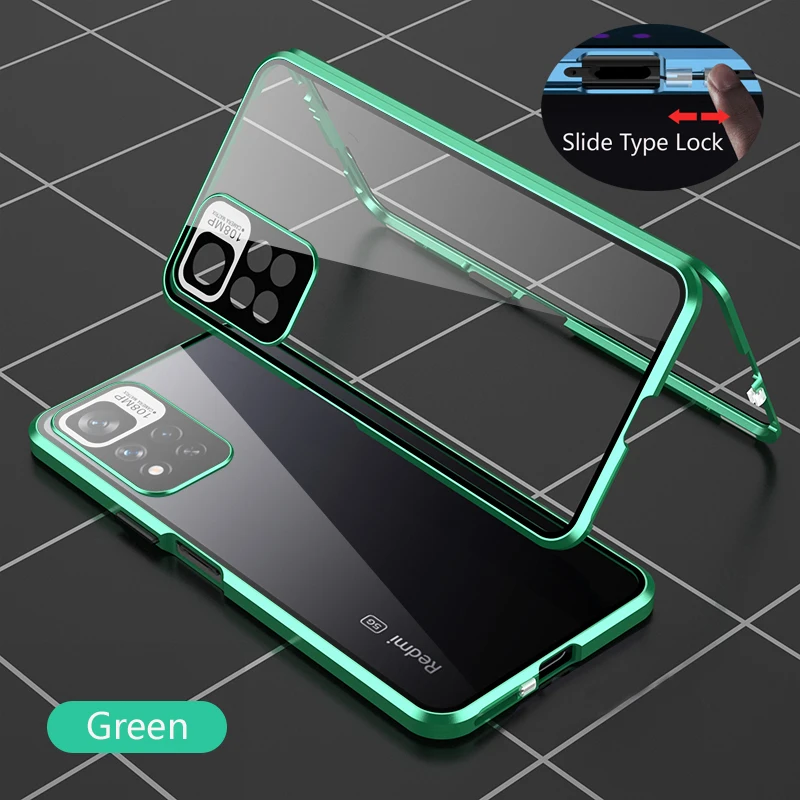 Color: Blue, Bundle: Case & Screen Protector, Material: aluminum - Full Protection Case Metal Magnetic Double Sided Glass Snap Lock Case For XiaoMi Redmi Note 13 Pro Plus 5G Bumper Phone Cover