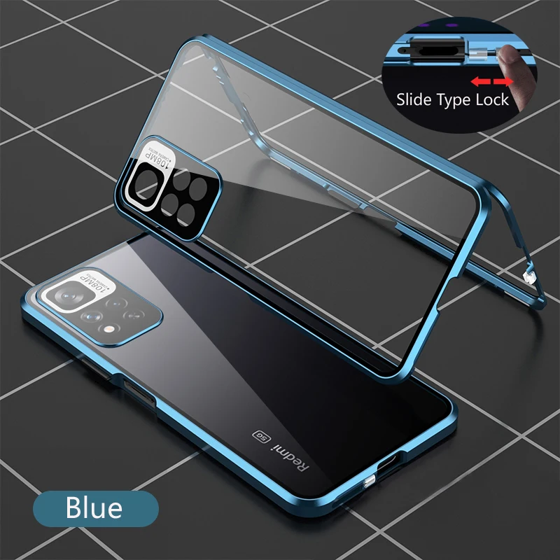 Color: Blue, Bundle: Case & Screen Protector, Material: aluminum - Full Protection Case Metal Magnetic Double Sided Glass Snap Lock Case For XiaoMi Redmi Note 13 Pro Plus 5G Bumper Phone Cover