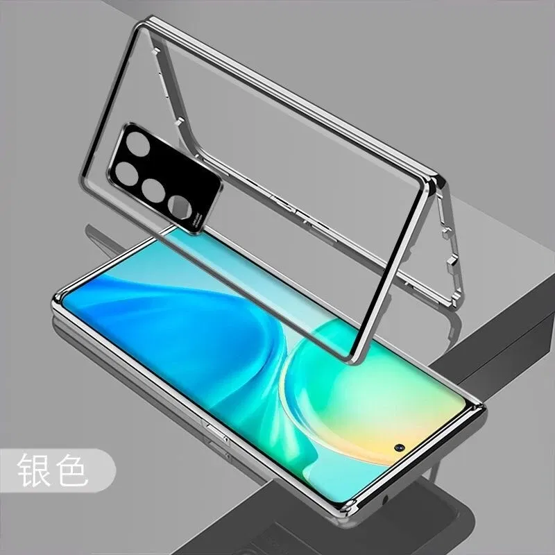 Color: Silver, Material: ABS - 360 Full Case For Vivo V29 5G V27 Pro V27E V25 V23 Double Sided Magnetic Adsorption Metal Capa Tempering Glass Clear Phone Cover