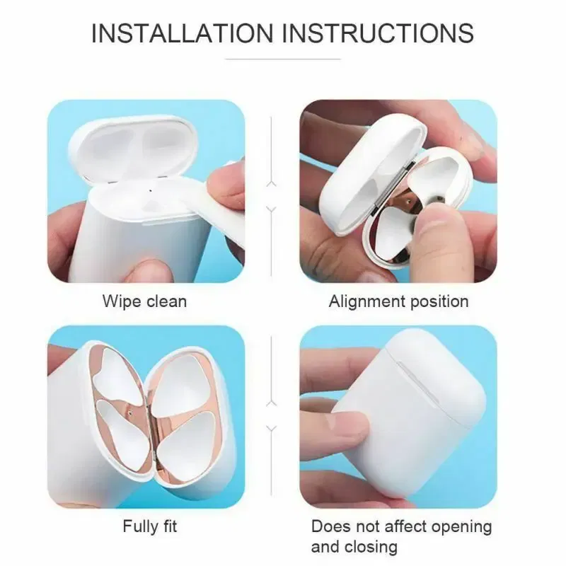 Color: Blue, Size: 2XS - For Apple Airpods 1 2 3 Pro Pro2 Earphone Charging Box Dustproof Sticker Anti-dust Waterproof Metal Dust Guard Stickers