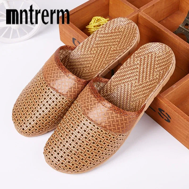 Color: Chocolate, Shoe Size: 43 - Mntrerm Summer Natural Bamboo Rattan Cane Grass Weaving Slippers Shoes Vine Grass Men Casual Slippers Non-slip Couples Slippers