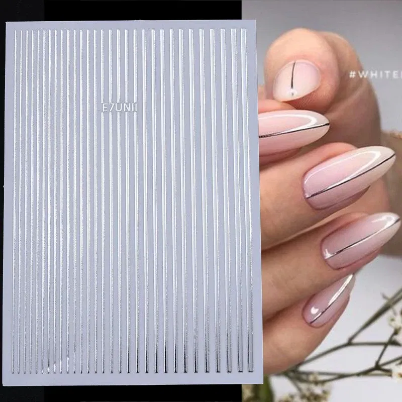 White French 3D Nail Stickers Manicure Gradient Line Flower Nail Art Designs Self-Adhesive Nail Tips Guides for DIY Decoration