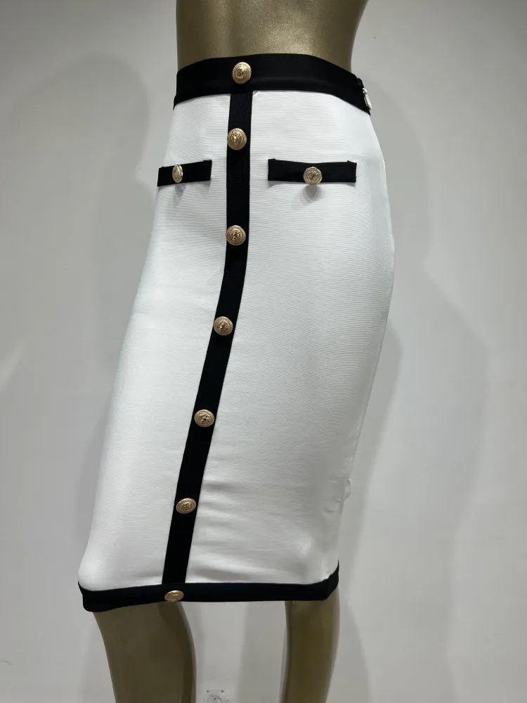 Color: black, Size: XS - New Arrival Women Button Patchwork White Black Bodycon Bandage Skirt 2024 Designer High Waist Party Club Pencil Skirt 60cm