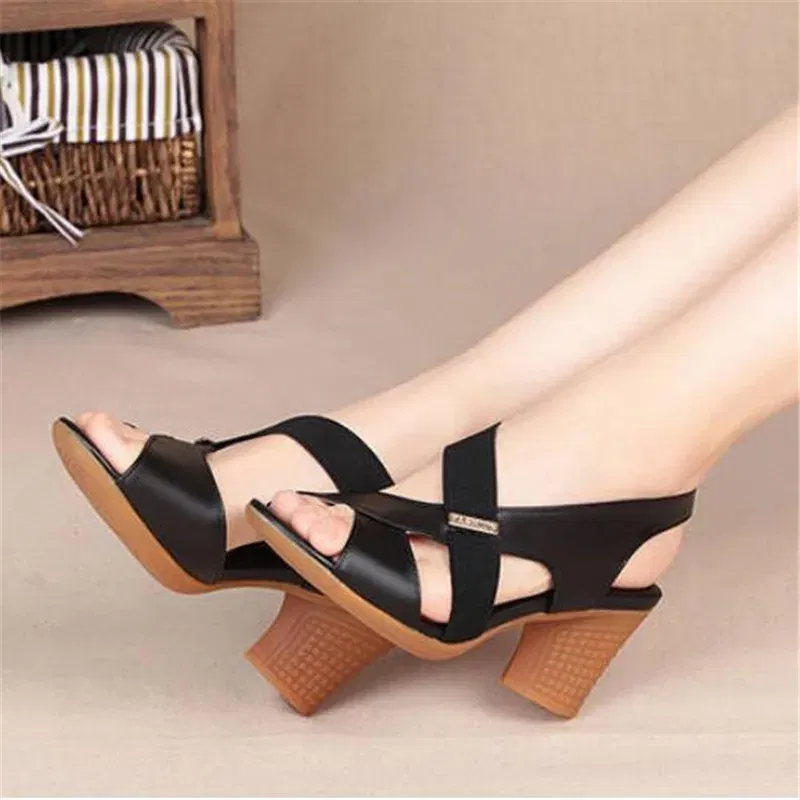 Color: Khaki, Shoe Size: 36 - New Mid-heel Sandals Women Summer Shoes Comfortable High Heels Thick Heel Peep Toe Non-slip Soft Bottom Mother Shoes Slip-On