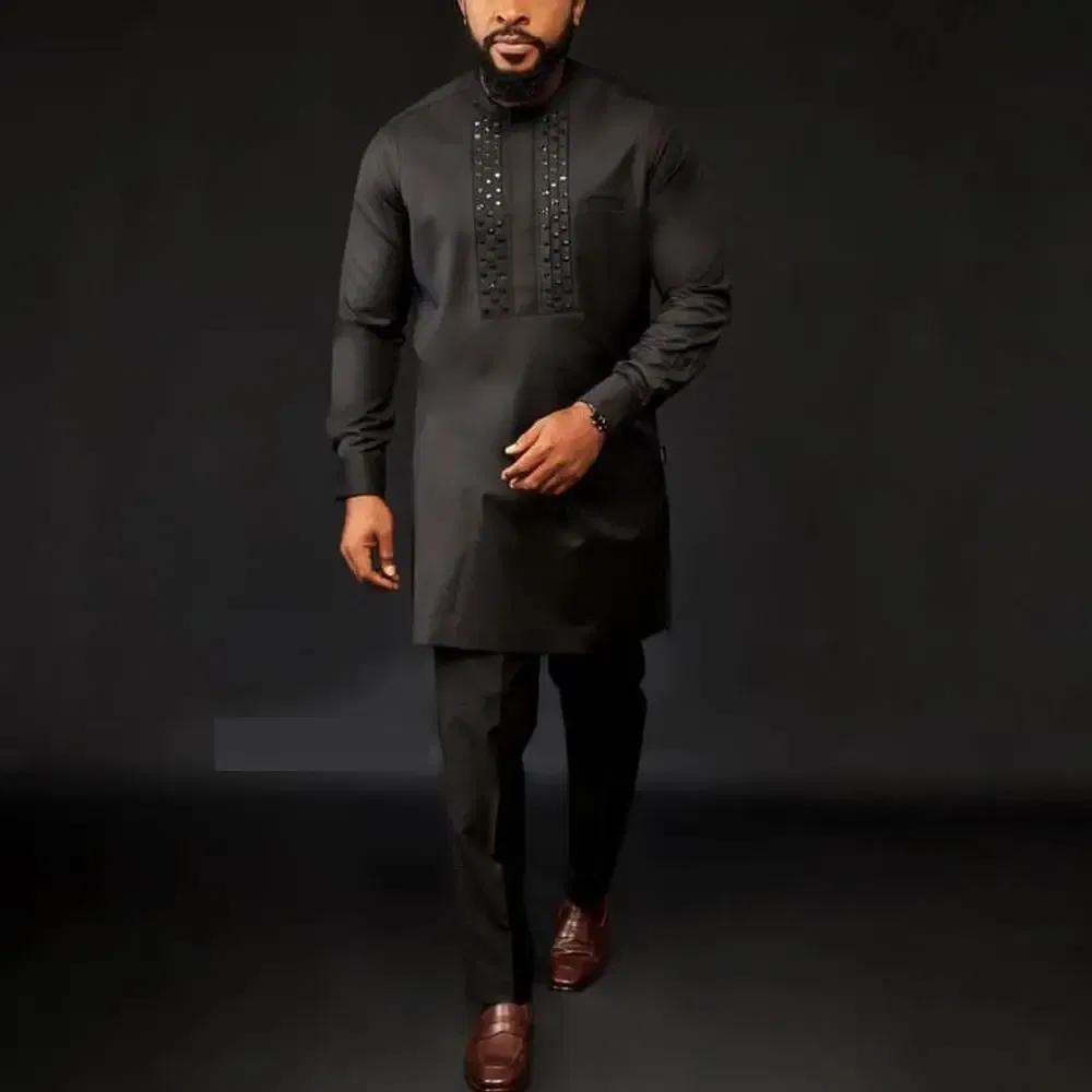 Color: SKY BLUE, Size: XL - 2025 New men's suit, white pocket, 2-piece set, luxury wedding casual suit, traditional African style of ethnic minorities