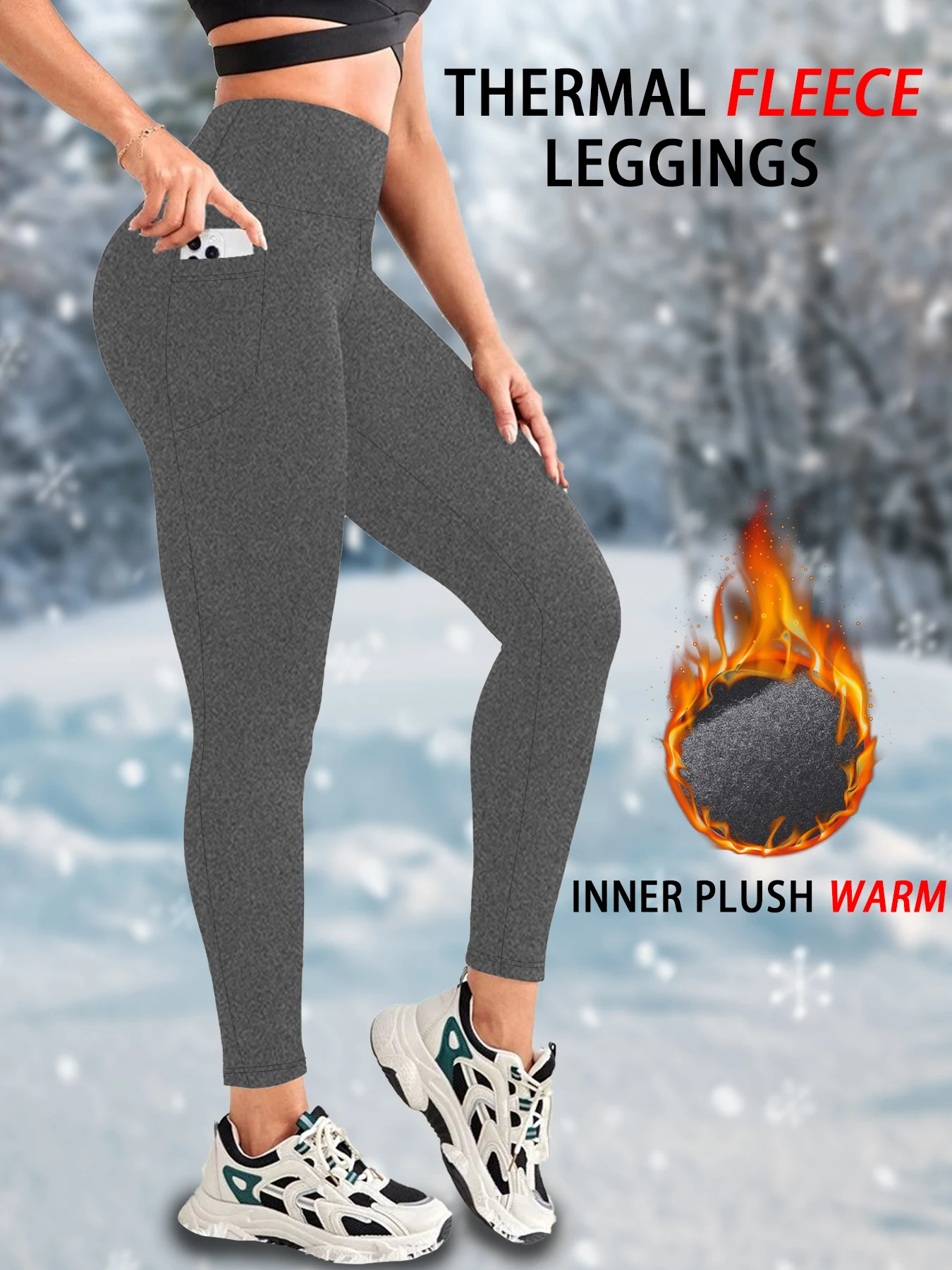 Color: GRAY, Size: S - Womens Thermal Fleece Lined High Waisted with pockets Leggings, Workout Winter Warm Thick Tights Soft Yoga Running Pants