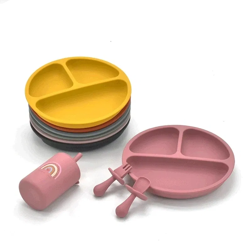 Color: Gold - 9Colors Baby Plate Set Food Grade Silicone Dishes BPA-Free Tableware Kids Feeding Bowls Kids Learning Dishes Tray Dropshiping