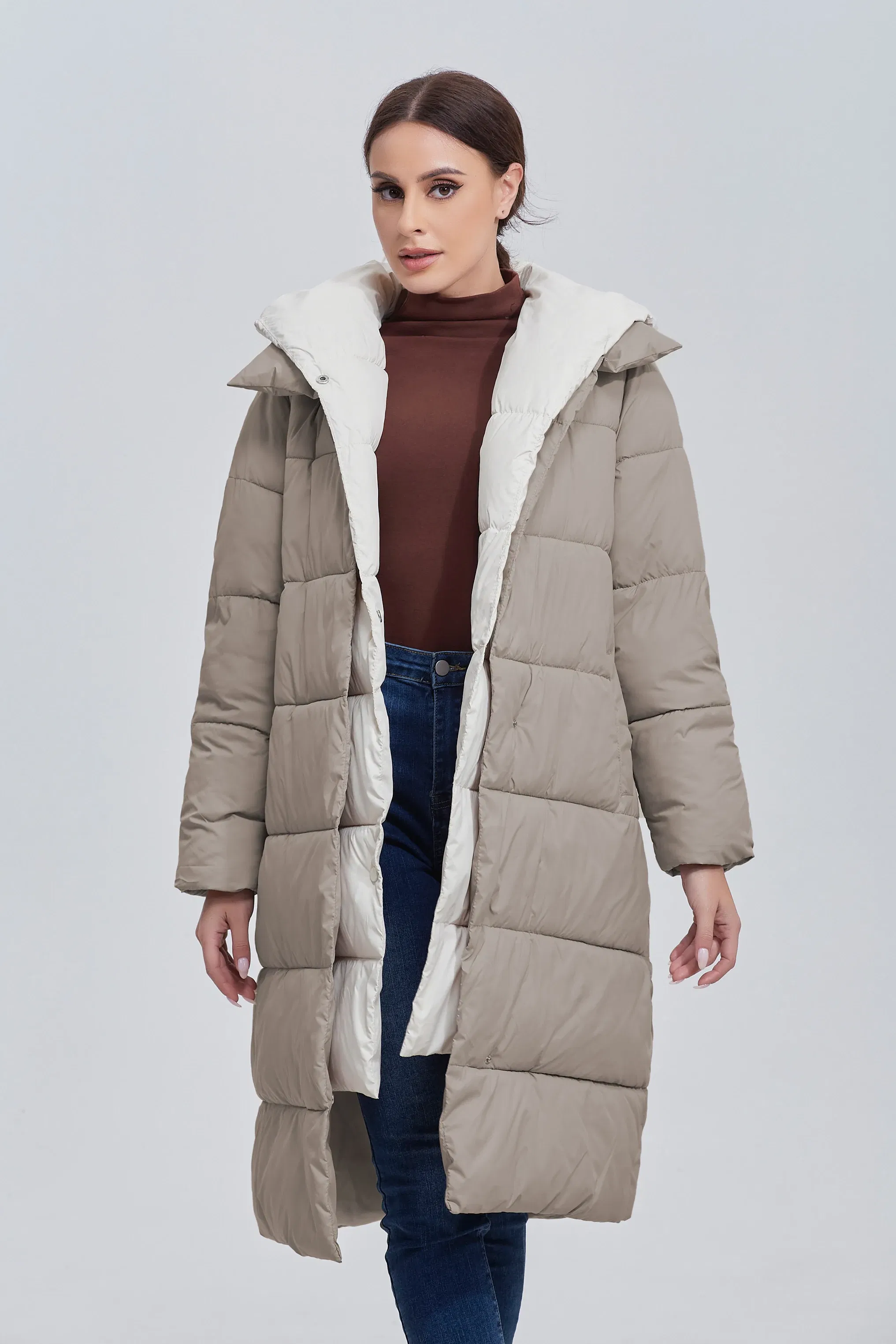 Color: Khaki, Size: XXL - Marwin 2023 Winter Elegant Women's Cotton Coat Stylish Collar Long Warm Hooded Jacket Female Windproof Parka