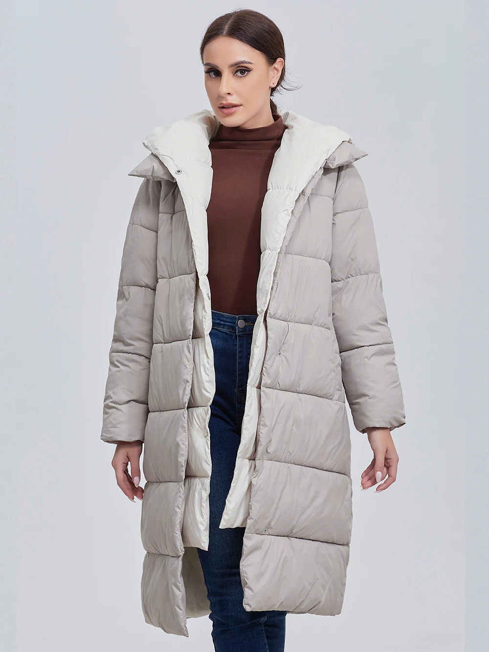 Color: Khaki, Size: XXL - Marwin 2023 Winter Elegant Women's Cotton Coat Stylish Collar Long Warm Hooded Jacket Female Windproof Parka