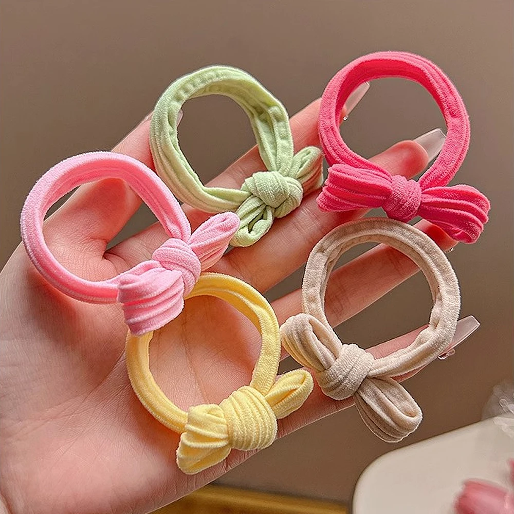 Color: SKY BLUE - 5pcs/Set Candy Color Bow Hair Rope High Elastic Seamless Rubber Band For Women Girls Ponytail Holder Summer BB Hair Ties Ring