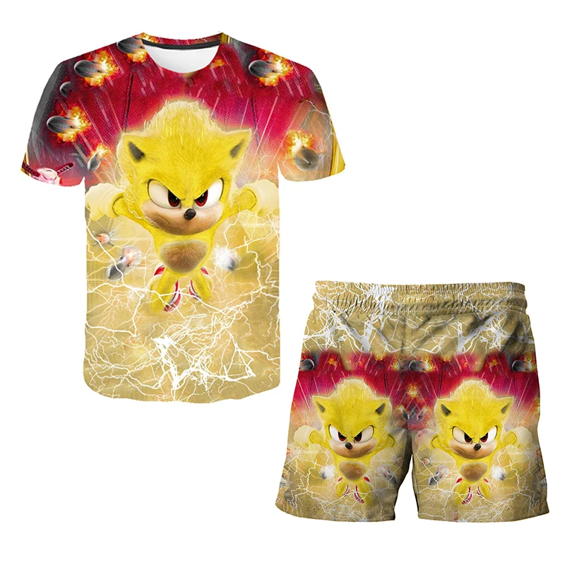 Color: Khaki, Size: 12" - New Japanese cartoon Sonic T-shirt children's top T-shirt shorts two-piece set summer boy cartoon cute T-shirt+beach pants