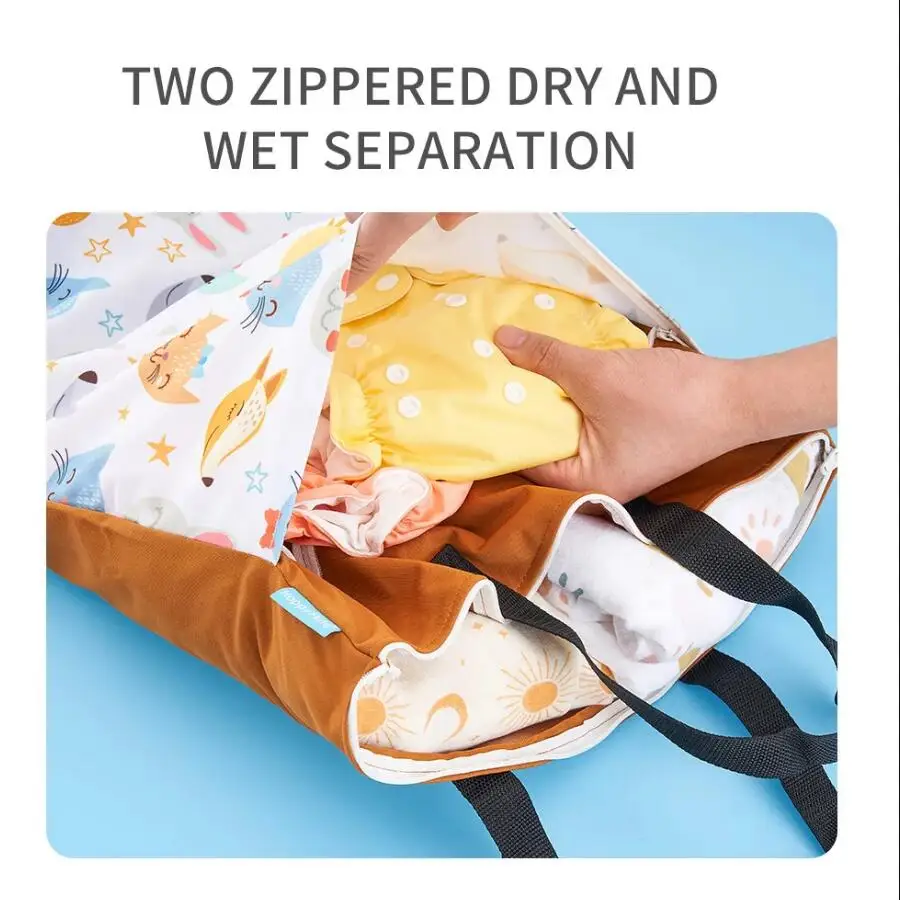 Color: Khaki - Happyflute Reusable Hanging Wet Dry Cloth Diaper Bag With Double Zippered Pockets 40*70cm