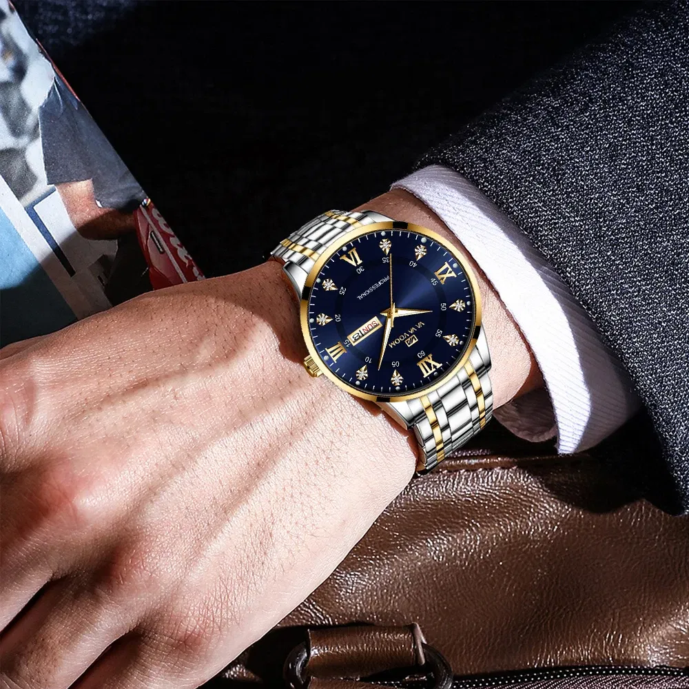 Color: Rose - Top Brand Men Watch Stainless Steel Top Quailty Luxury Push Button Hidden Clasp Waterproof Luminous Date Week Sport Wrist Watch