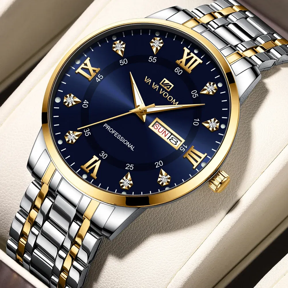 Color: Rose - Top Brand Men Watch Stainless Steel Top Quailty Luxury Push Button Hidden Clasp Waterproof Luminous Date Week Sport Wrist Watch