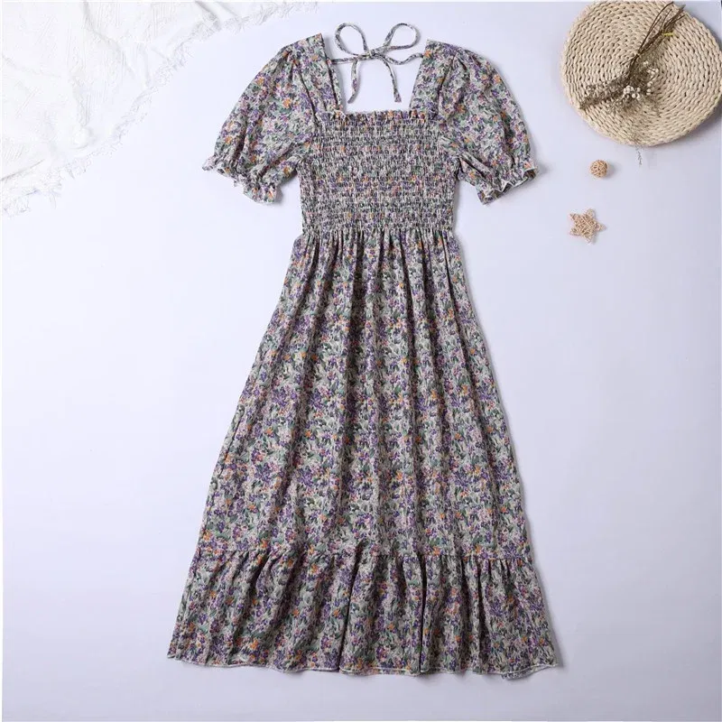 Color: Khaki, Size: One Size - Summer Pleated Women Chiffon Dresses Casual Beach Holiday Short Sleeve Square Collar Woman Midi Dress Bohemian Mujer Vestidos