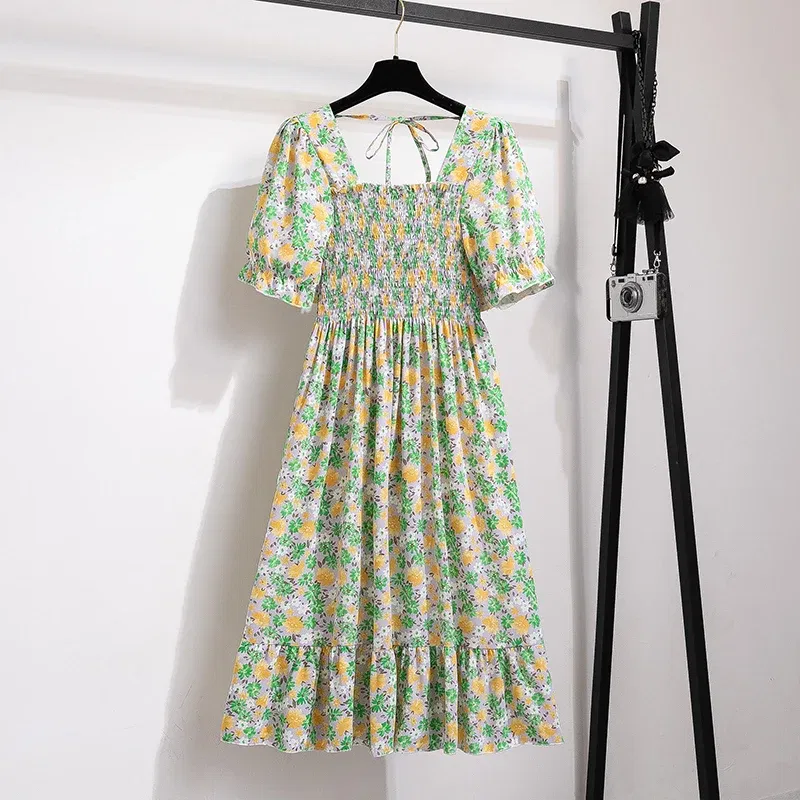 Color: Khaki, Size: One Size - Summer Pleated Women Chiffon Dresses Casual Beach Holiday Short Sleeve Square Collar Woman Midi Dress Bohemian Mujer Vestidos