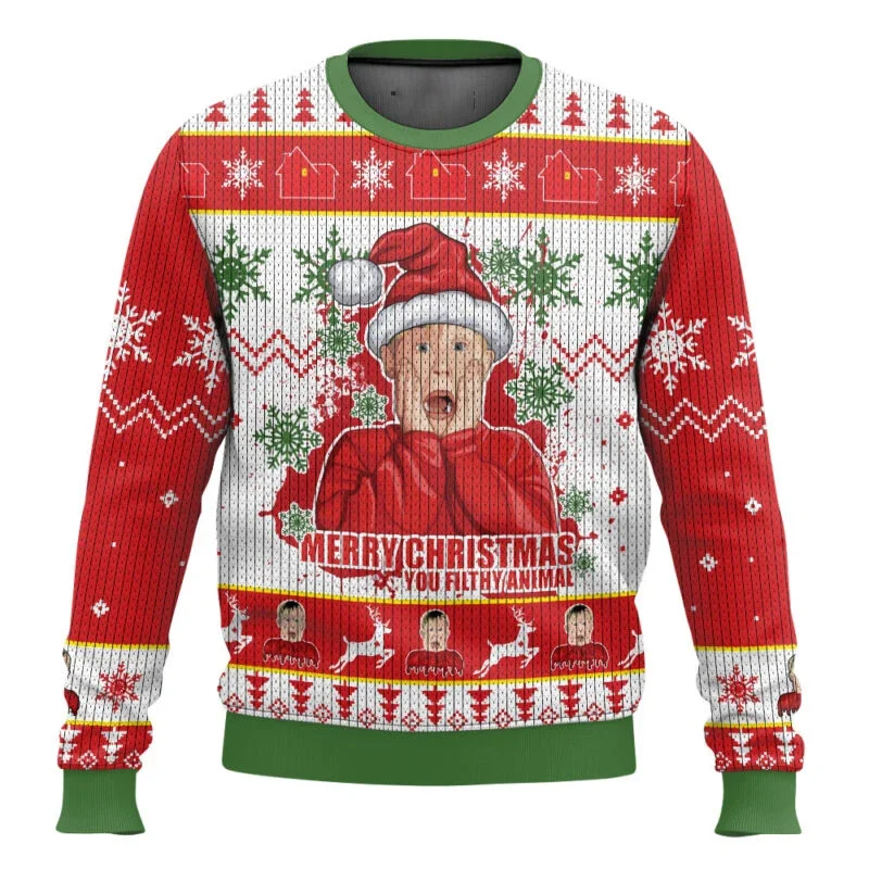 Color: Gold, Size: S, Ships From: CHINA - Merry Christmas alone at home Ugly Christmas sweater cartoon animation Men's pullover 2026 fashionable couple shirts Sweatshirt