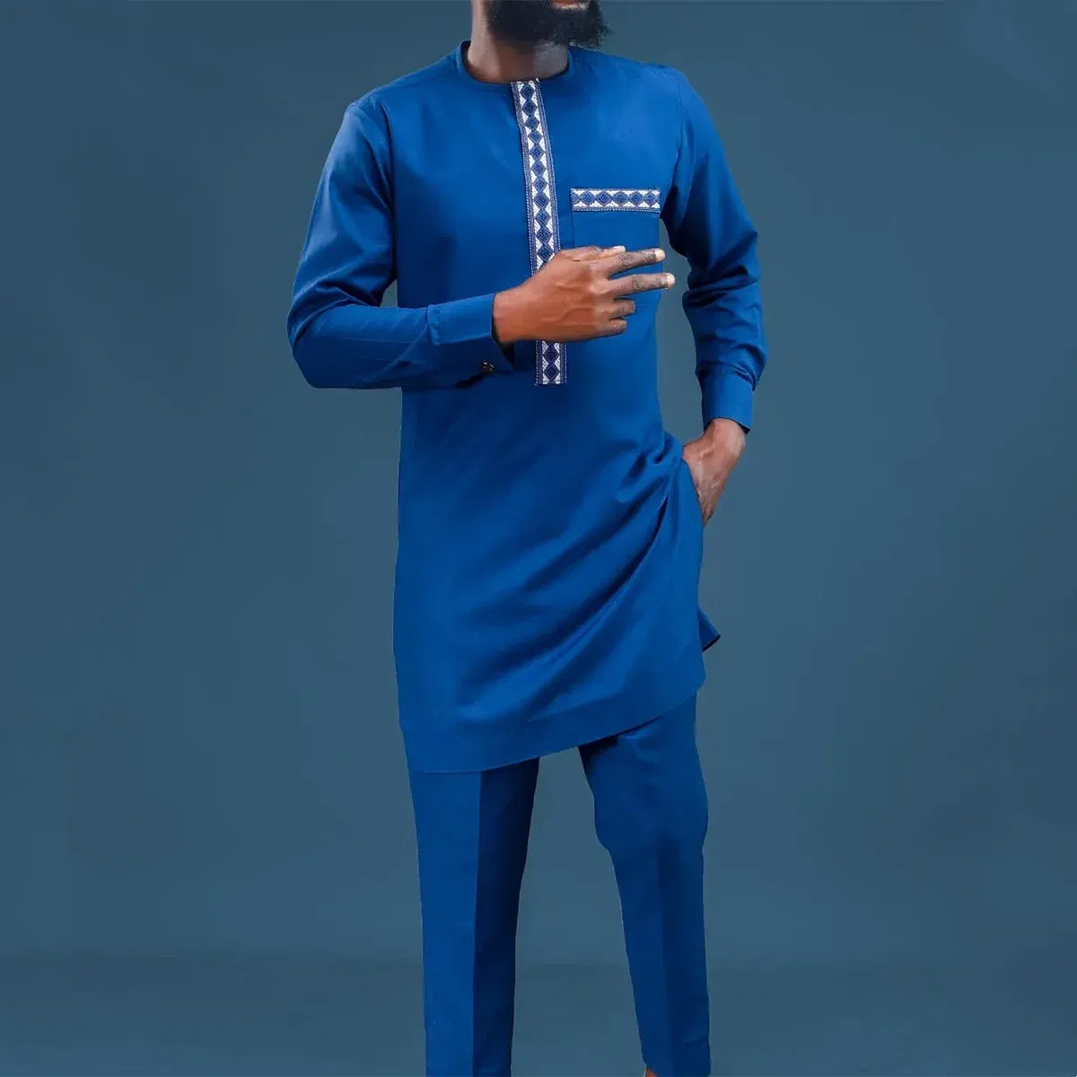 Color: ROYAL BLUE, Size: XXL - 2025 New men's suit, white pocket, 2-piece set, luxury wedding casual suit, traditional African style of ethnic minorities