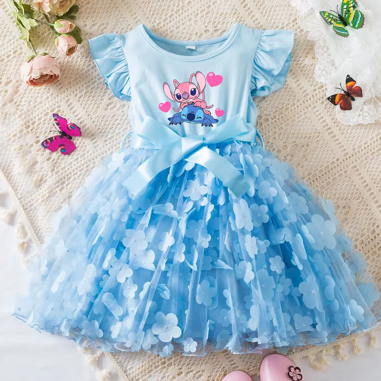 Color: WHITE, Size: XS - 3D Butterfly Cute Lilo Stitch Summer Dress for Kid's Casual Clothes Baby Girls Beautiful Princess Dress Party Dresses 2-6 Yrs