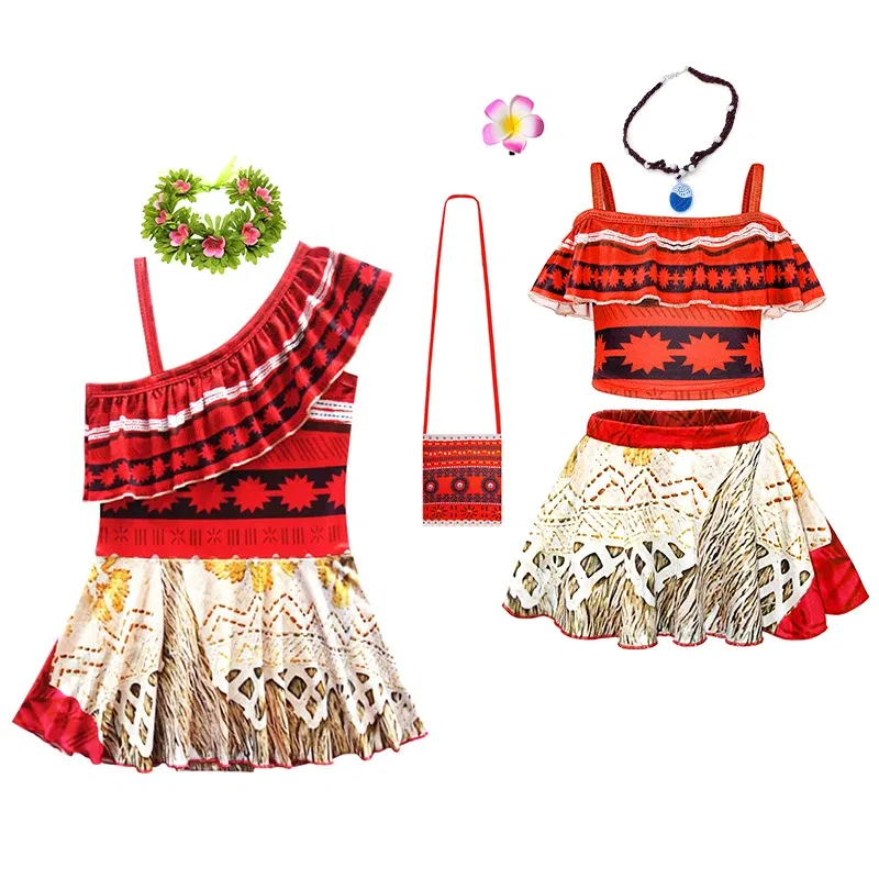 Color: Beige, Kid Size: 12M - Moana 2 Swimsuit Summer Holiday Beach Girls Two-piece Bikini Toddler Adventure Outfit Pool Party Vaiana Fancy Dress Up