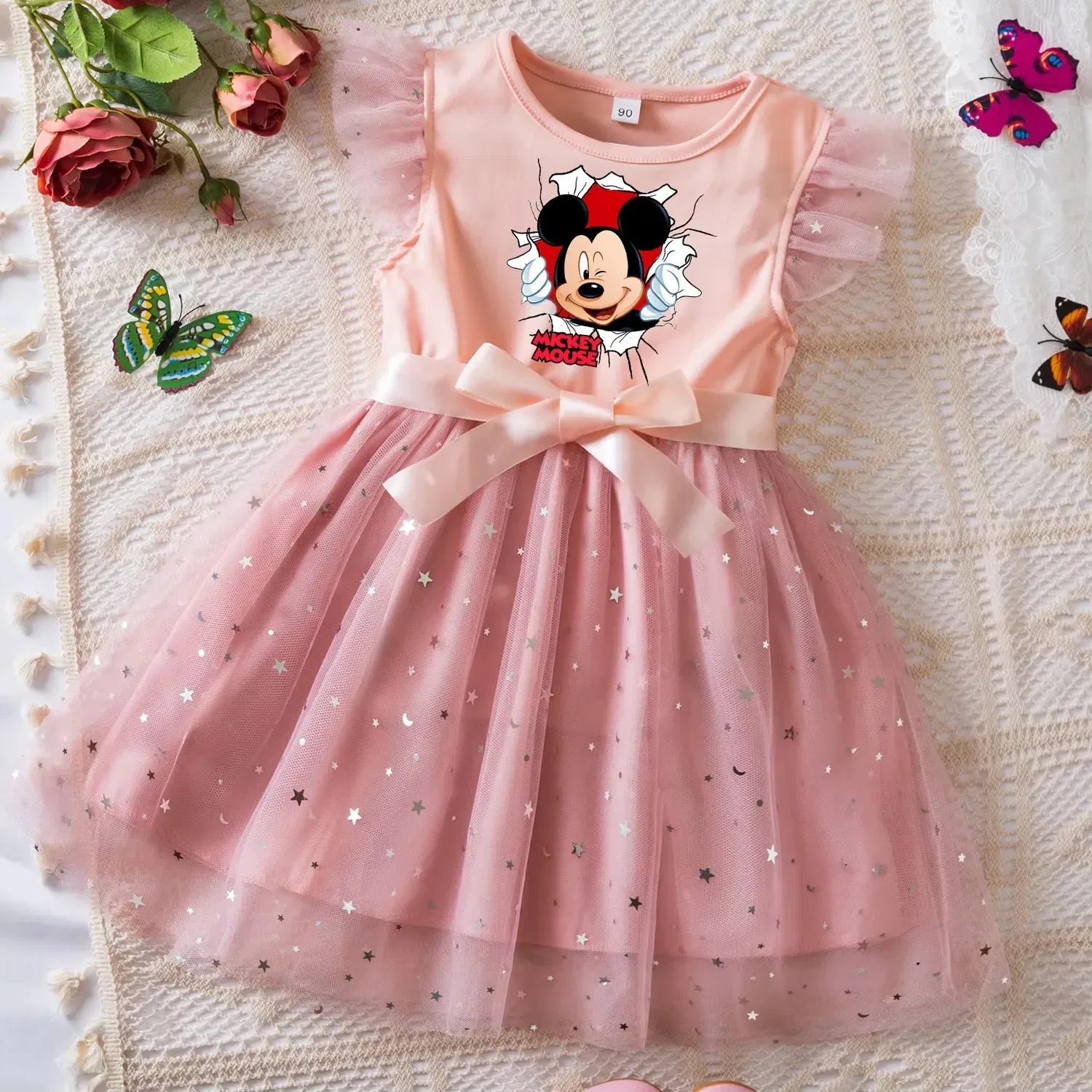 Color: Gold, Size: M - Mickey Minnie Mouse Girls Summer Clothes Flying Sleeves Bow Sequin Dress 2-6Y Kid Birthday Tutu Princess Dress for Baby Girl