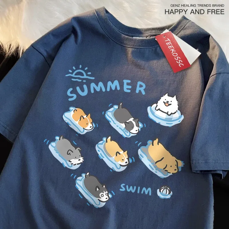 Color: WHITE, Size: XXXL - Fun Cat And Dog Swimming Japanese Style T-Shirt Female Casual Loose T-Shirts Summer Cotton Tops Fashion Breathable Tee Clothing