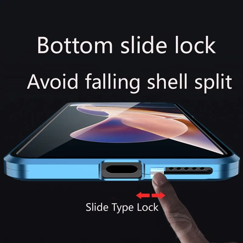 Color: Blue, Bundle: Case & Screen Protector, Material: ABS - Full Protection Case Metal Magnetic Double Sided Glass Snap Lock Case For XiaoMi Redmi Note 13 Pro Plus 5G Bumper Phone Cover