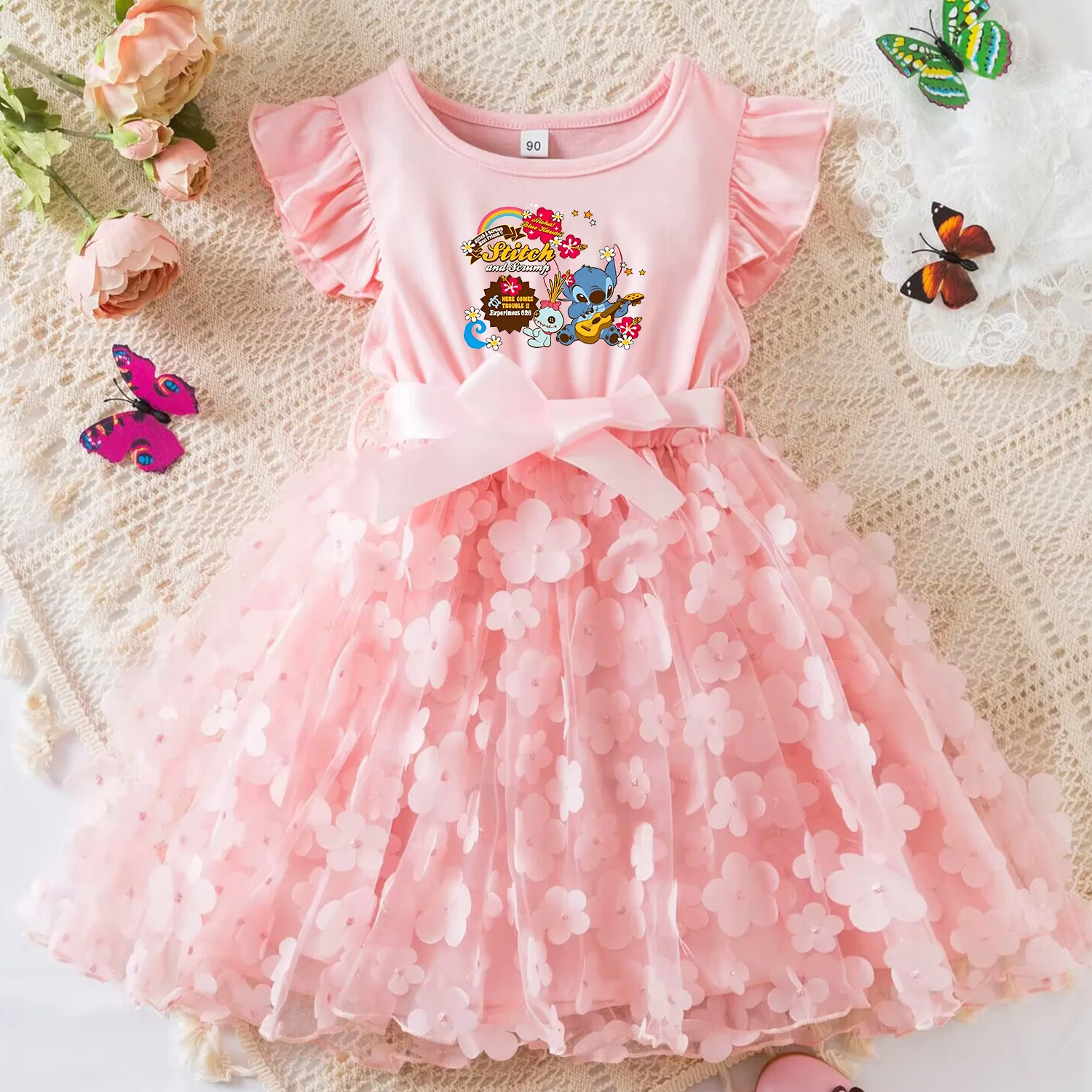 Color: Blue, Size: M - 3D Butterfly Cute Lilo Stitch Summer Dress for Kid's Casual Clothes Baby Girls Beautiful Princess Dress Party Dresses 2-6 Yrs