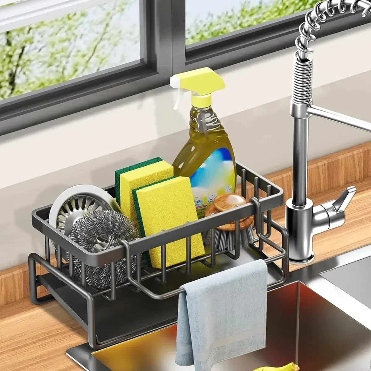 Color: DARK GRAY - Kitchen Sink Drain Rack Organizer Sponge Storage Faucet Holder Soap Drainer Dishcloth Towel Rack Kitchen Sink Organizer