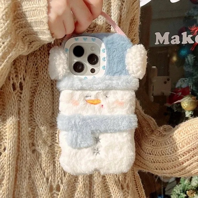 Color: Beige, Material: aluminum - Cute Cartoon Furry Snowman Case for iPhone 16 15 14 Pro Max 12 13 11 16Pro Plush Winter Warm Love Heart Soft Shockproof Cover