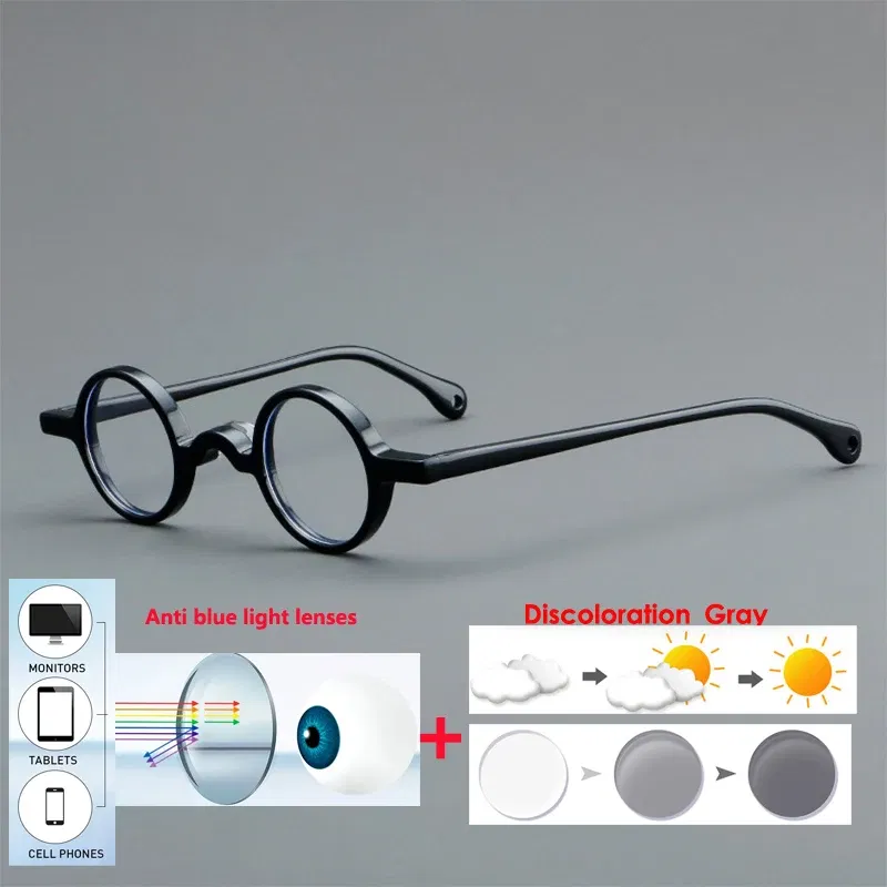 Frame Color: Black Green, Eye Prescription: 0 - VCKA Photochromic Acetate Myopia Glasses Men Retro Small Round Frames Women Custom prescription Anti-Blue  Eyewear -0.5 TO -10