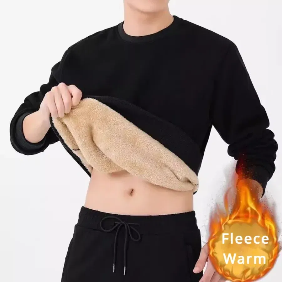 Color: Dark Grey, Size: XXL - Winter Men Fleece Sweatshirts Keep Warm Underwear Casual Solid Color Pullover Lambswool O-neck Thickened Thermal Underwear Tops
