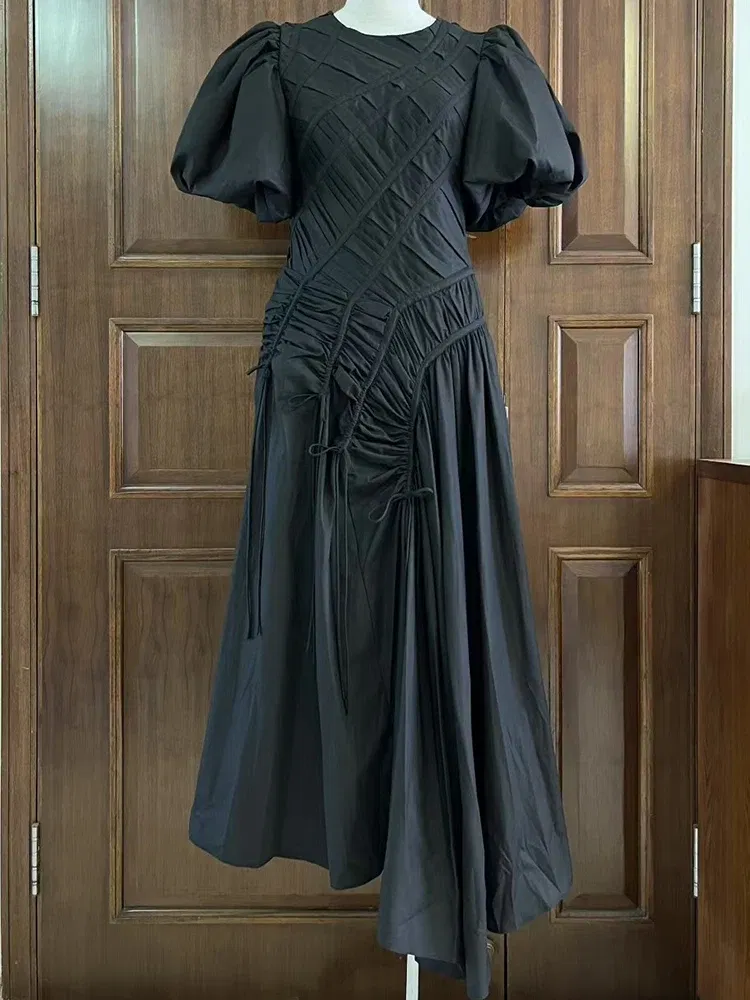 Color: WHITE, Size: XXXL - 2025 summer women's new round neck lantern short sleeve irregular stitching drawstring dress slim dinner temperament long dress