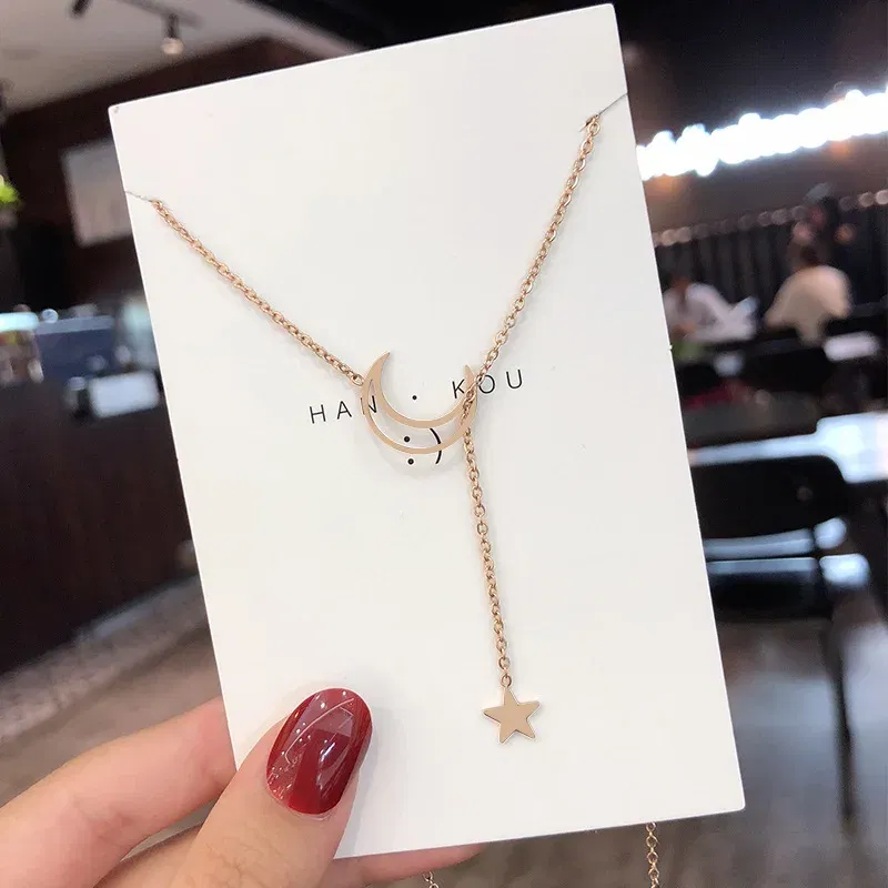 Metal Color: RED-BROWN - New Simple Moon Star Pendant Choker Necklace Simple Gold Color Alloy Charm Chain Collares Necklace For Women Party Jewelry