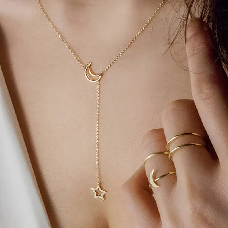 Metal Color: RED-BROWN - New Simple Moon Star Pendant Choker Necklace Simple Gold Color Alloy Charm Chain Collares Necklace For Women Party Jewelry