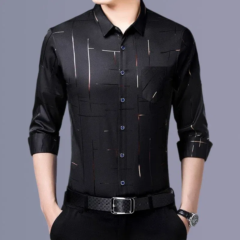 Color: Navy Blue, Size: XXL - Men's Casual and Fashionable Long Sleeved Printed Shirt, Non Ironing and Wrinkle Resistant Business Top
