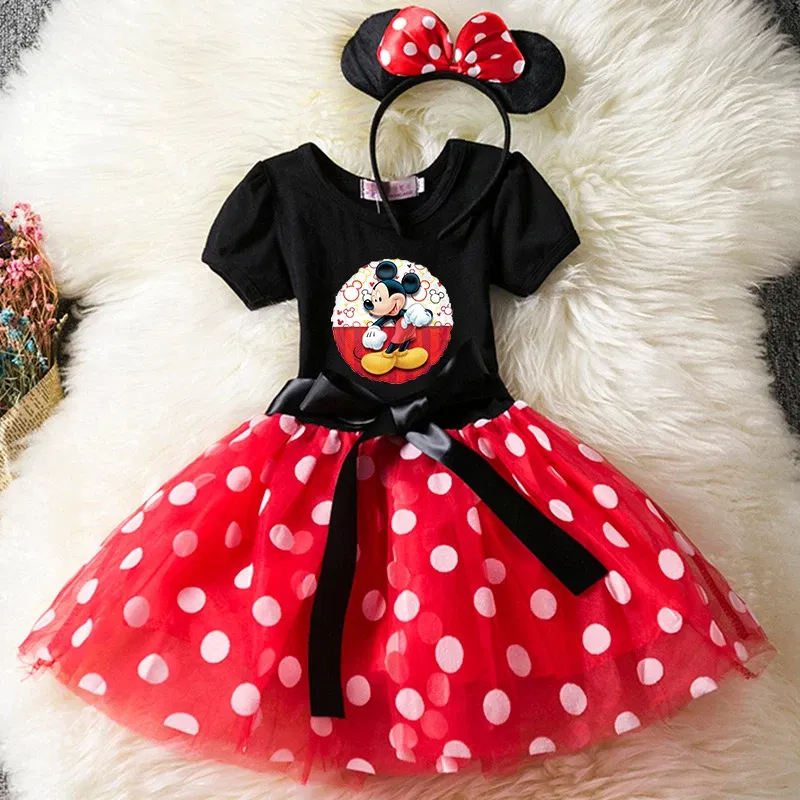 Color: Silver, Size: L - Cartoon Mickey Minnie Mouse Kids Short Sleeve Polka Dot Princess Dress 1-6Y Party Baby Girls Clothes Cosplay Costumes