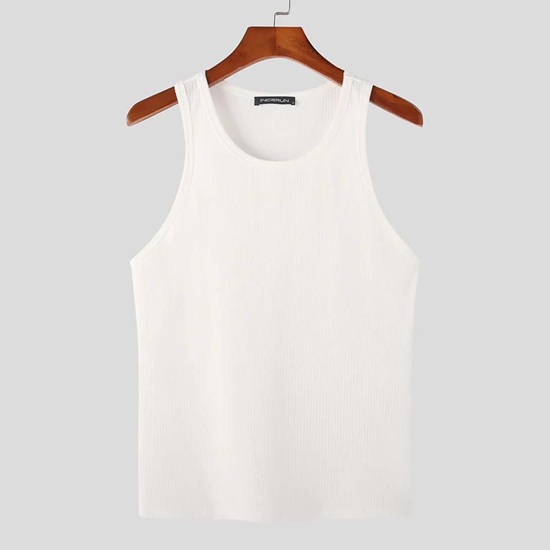 Color: WHITE, Size: M - INCERUN Men Tank Tops Solid Color O-neck Sleeveless Streetwear Summer Casual Vests Skinny 2023 Fashion Leisure Men Clothing 5XL