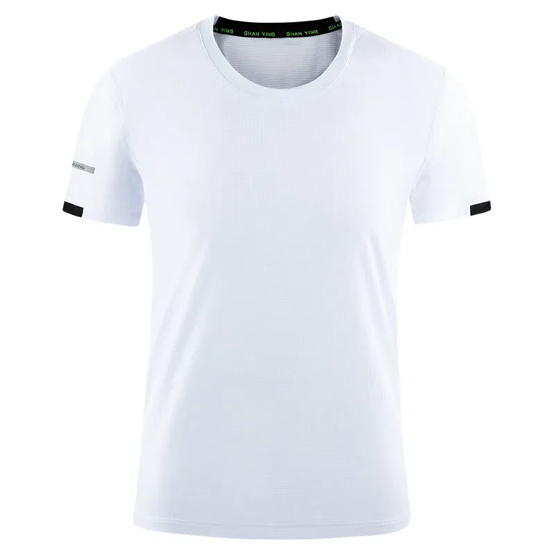 Color: WHITE, Size: L, Ships From: CN - Men's t-shirt quick-drying sports top, custom logo running T-shirt, trainer fitness shirt