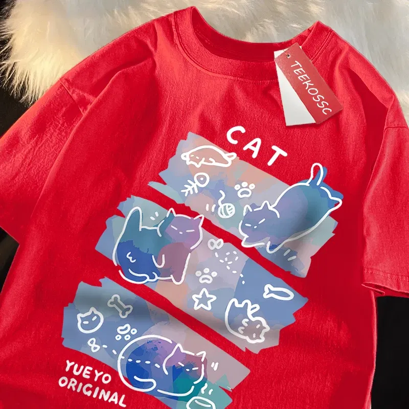 Color: SKY BLUE, Size: XXXL - Fun Mischievous Cat Print Japanese Style T-Shirts Men Women Fashion Tshirs Breathable Summer T-Shirts Cotton Loose Tee Clothes