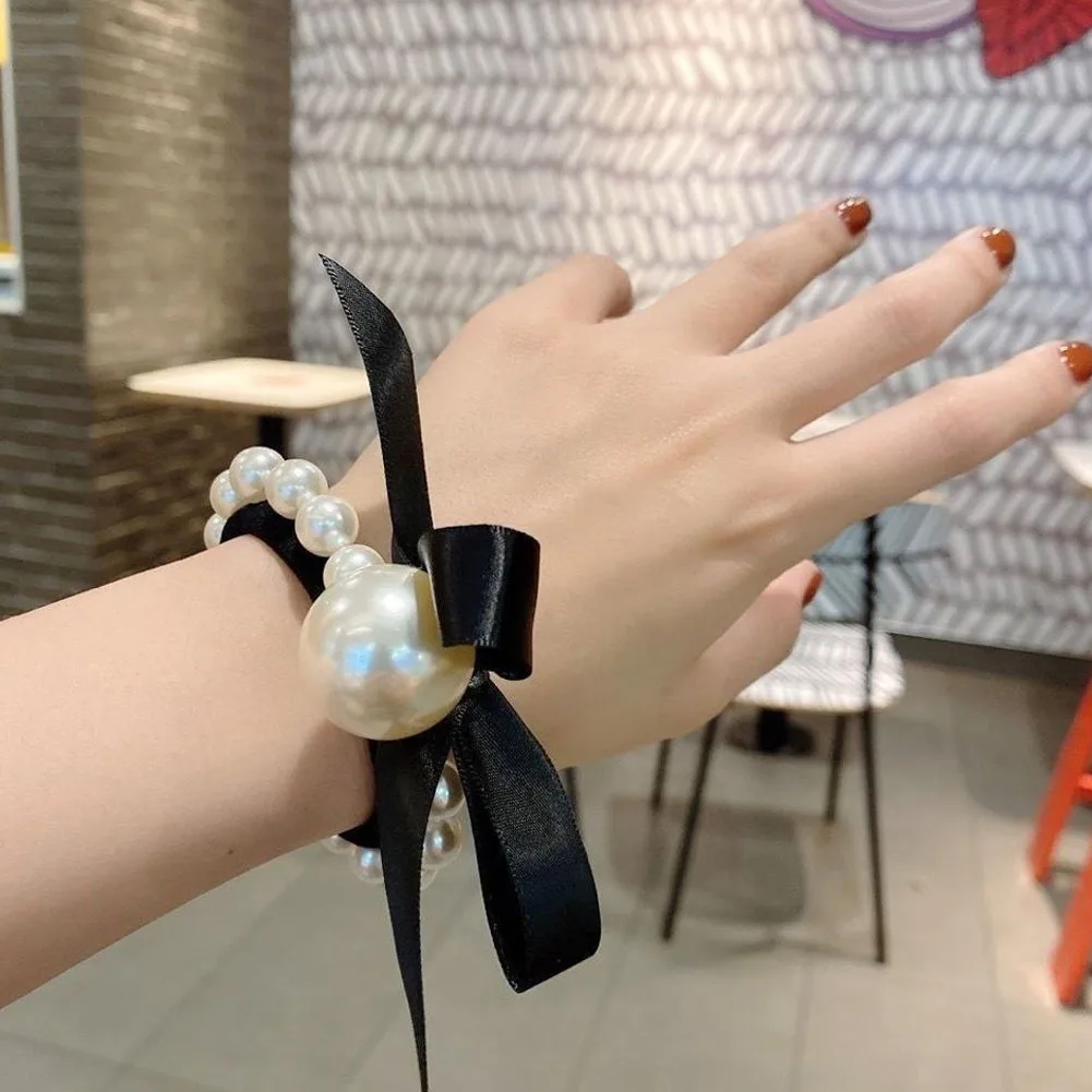 Color: Apricot - 2022 Fashion Woman Big Pearl Hair Ties Korean Style Hairband Scrunchies Girls Ponytail Holders Rubber Band Hair Accessories