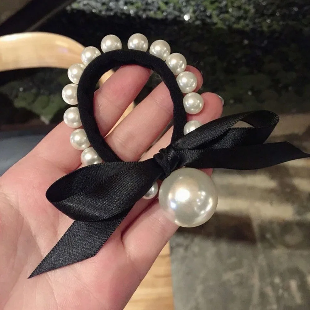 Color: Apricot - 2022 Fashion Woman Big Pearl Hair Ties Korean Style Hairband Scrunchies Girls Ponytail Holders Rubber Band Hair Accessories
