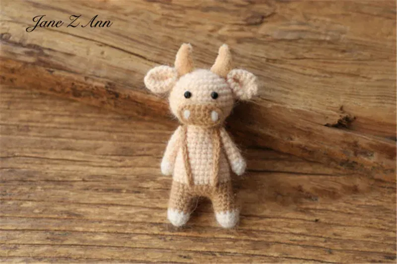 Color: Khaki, Size: ONE SIZE - Handmade mink plush dolls knitted calf rabbit bear mouse newborn full moon photography props