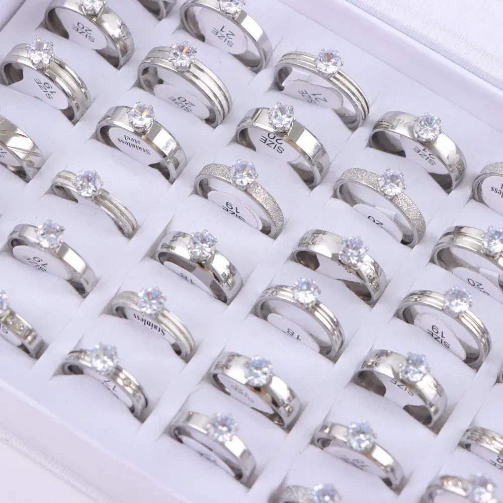 Main Stone Color: Green, Metal Color: Antique Bronze Plated, Ring Size: 17 - 10/20/30/50Pcs/Lot Fashion Elegant Inlaid Stainless Steel Ring With Rhinestone High-end Women's Proposal Engagement Jewelry Gift