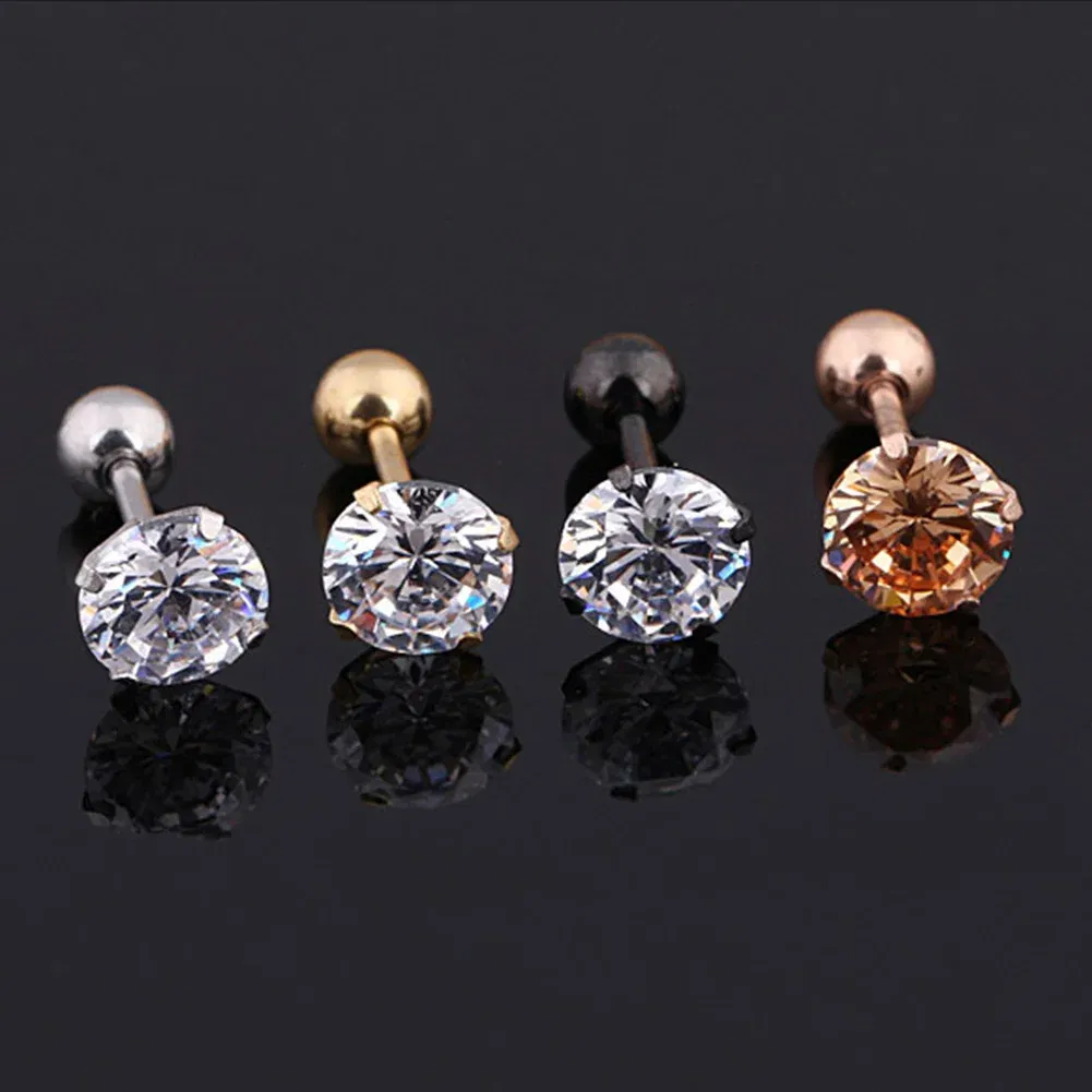 Metal Color: Pure Gold Color, Main Stone Color: black - 1Pc Small Round Cz Tragus Cartilage Titanium Steel 16G 4 Prong Ear Stud Earrings Tragus Helix Piercing Jewelry Sexy Body Jewelry