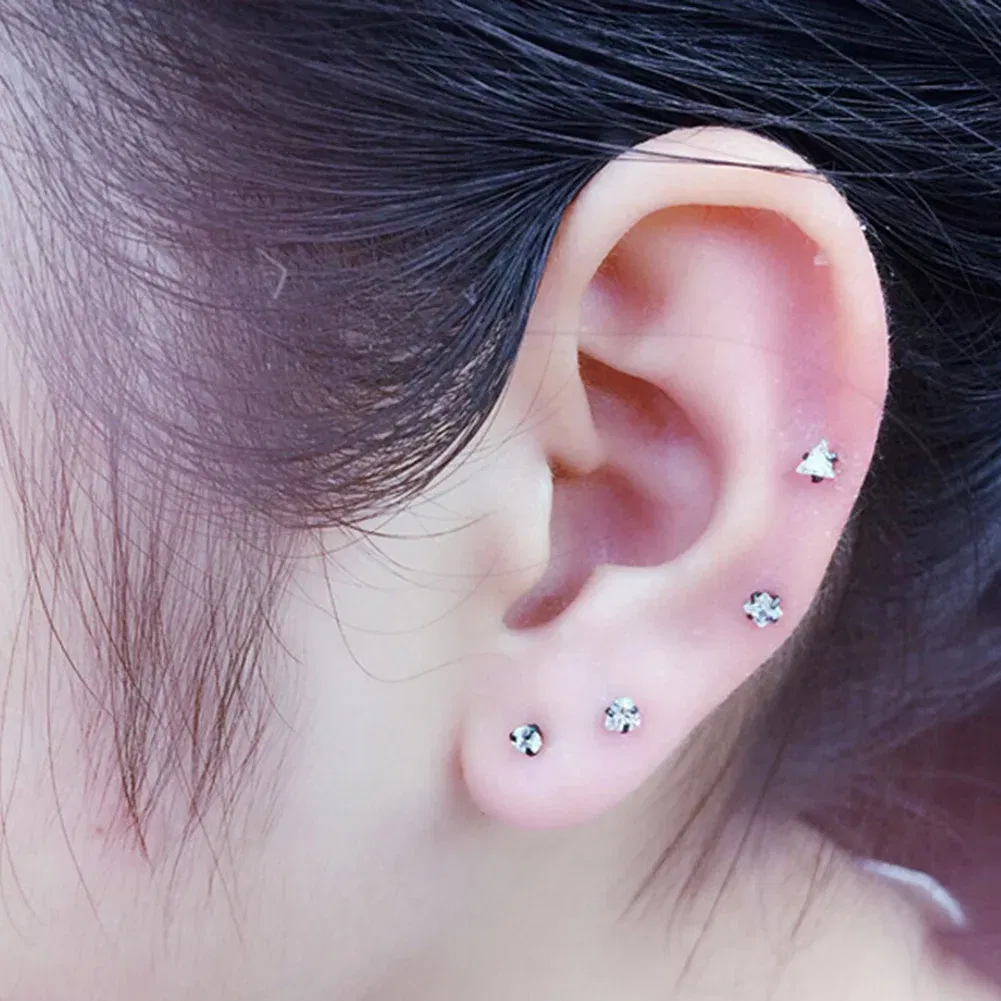 Metal Color: Pure Gold Color, Main Stone Color: black - 1Pc Small Round Cz Tragus Cartilage Titanium Steel 16G 4 Prong Ear Stud Earrings Tragus Helix Piercing Jewelry Sexy Body Jewelry