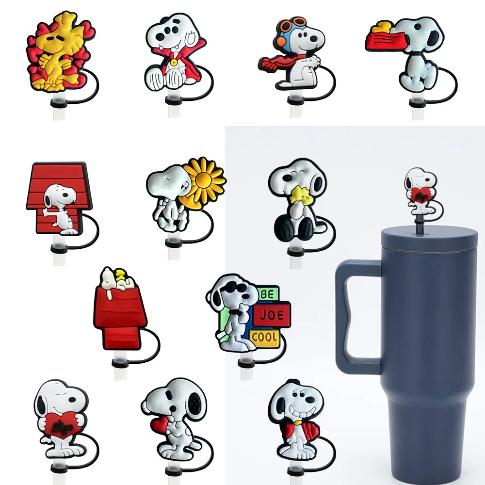 Color: Silver - 1-12PCS Cute MINISO Snoopy Straw Cover Cap With 30&40Oz Cup10mm Straw Toppers Reusable Dust-Proof Straw Caps Cartoon Drink Stra