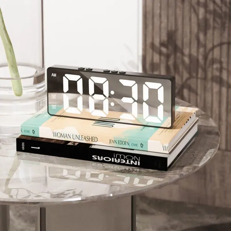 Color: green - LED Alarm Clock Electronic Student Digital Clock Voice Control Dual Snooze 12/24H Dual Alarms Temperature Mute Table Clock