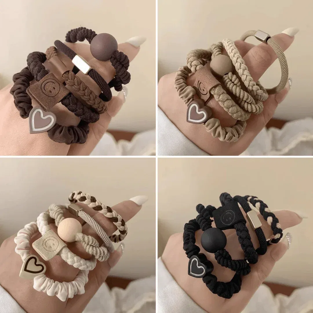 Color: Pink - 5pcs/Bag Women High Elastic Seamless Hair Rope Durable Bowknot Headbands No Crease Ponytail Holder Rubber Band Hair Accessories